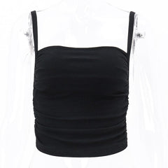 Square Neck Ruched Solid Ribbed Backless Cami Crop Top