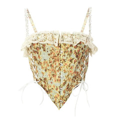 Ruffle Lace Low Cut Lace Up Side Floral Bustier Top