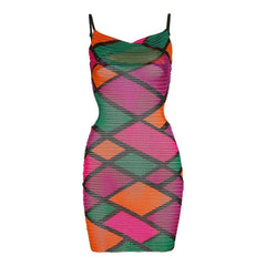 Hollow Out Sheer Mesh See Through Print Contrast Cami Dress