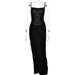 Lace Up Square Neck Slit Solid Backless Cami Maxi Dress