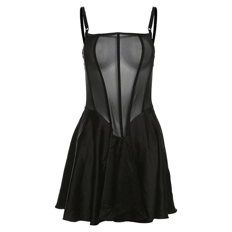Mesh Solid See Through Ruffle Backless Cami Mini Dress