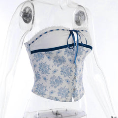 Backless Lace Hem Button Flower Print Stitch Tube Top