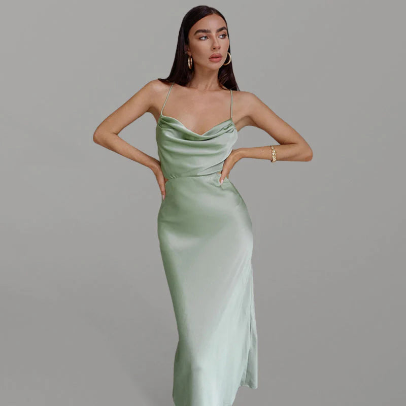 Satin Neck Sleeveless Sleeveless Halter Dress