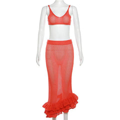 Crochet V Neck See Through Ruffle Irregular Cami Midi Skirt Set
