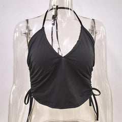 Double Layered Drawstring Ruched V Neck Halter Backless Cami Top
