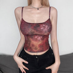 Sheer Mesh See Through Contrast Print Square Neck Cami Crop Top