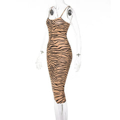 Round Neck Zebra Print Slit Cami Midi Dress