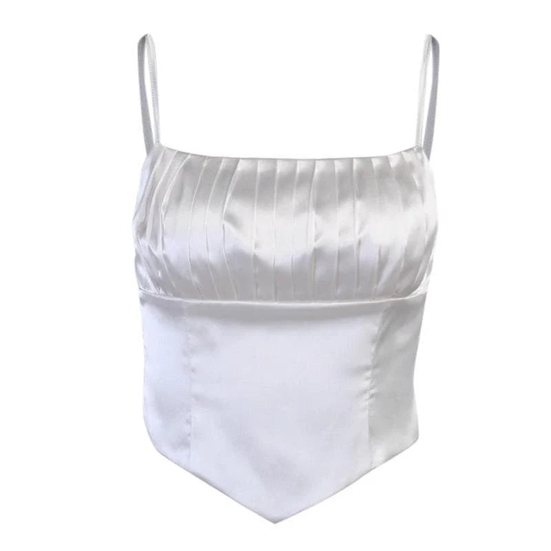 Pleated Square Neck Satin Solid Cami Top
