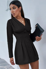 V-Neck Fold Waist Button Shirt Dress
