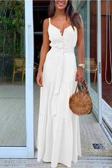 Cityhottie Button V-Neck Maxi Dress With Belt(3 Colors)