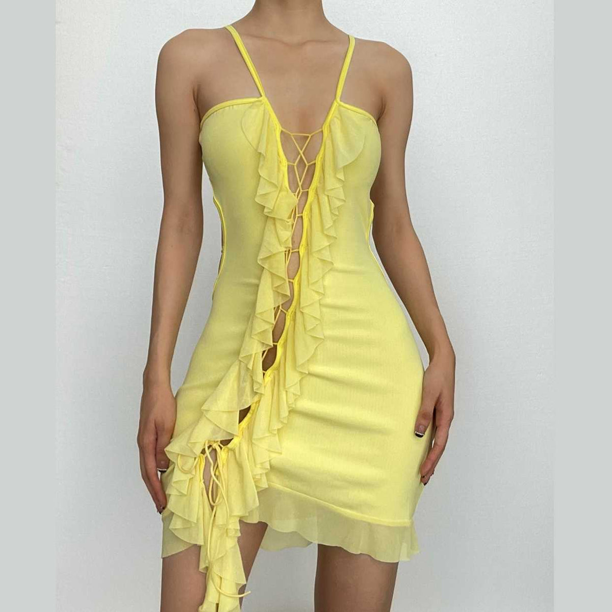 Lace Up Ruffle Hollow Out Backless Cami Mini Dress