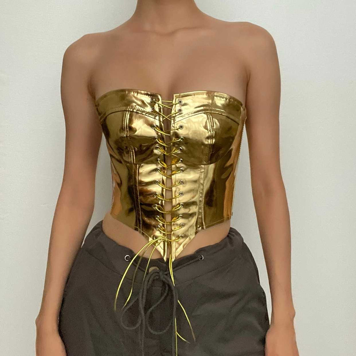 Backless Corset Metallic Lace Up Self Tie Tube Top