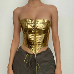Backless Corset Metallic Lace Up Self Tie Tube Top