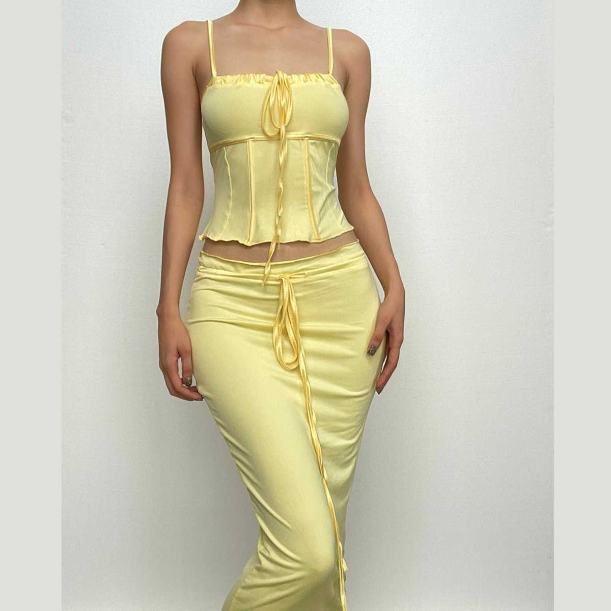 Ruffle Backless Drawstring Corset Solid Cami Midi Dress