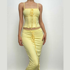 Ruffle Backless Drawstring Corset Solid Cami Midi Dress
