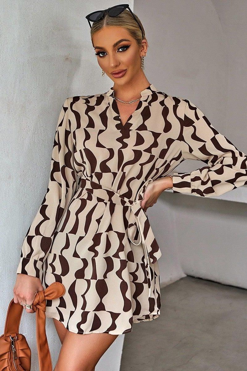 Digital Printed V-Neck Tie High Waist Dress