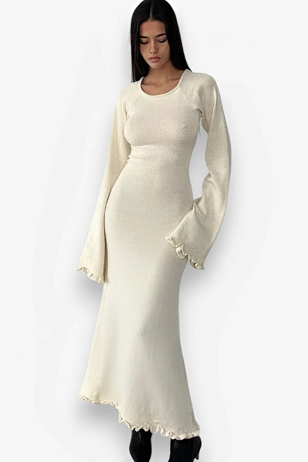 Fungus Edge Backless Knitted Long Dress