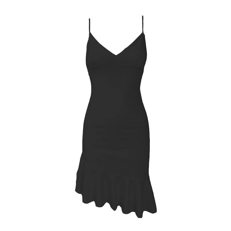 V Neck Ruffle Backless Irregular Solid Cami Dress