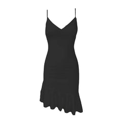 V Neck Ruffle Backless Irregular Solid Cami Dress