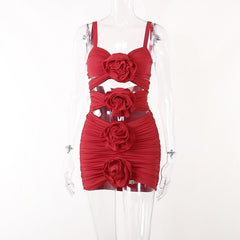Solid Ruched Hollow Out Flower Applique Backless Mini Dress