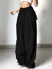 Shirring Casual Wide Leg Pants Women High Waist Street Basic Loose Sweat Trousers Korean Retro Gray Office Lady Pants