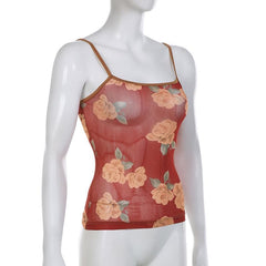 Contrast Flower Print Mesh Square Neck Cami Top