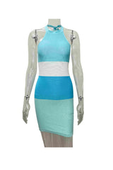 Blue Tie-Back Contrast Striped Knit Dress