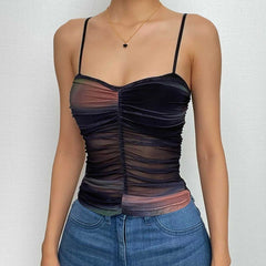 Mesh Contrast Ruched V Neck Backless Cami Top