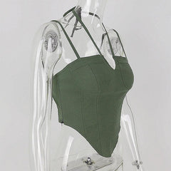 Solid Halter Notch Neck Self Tie Backless Cami Crop Top