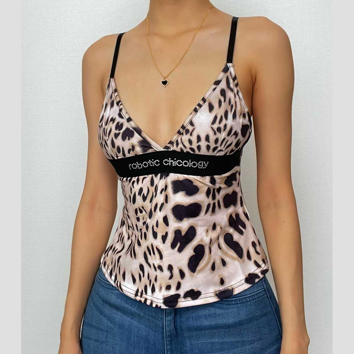 Leopard Print Beaded Patchwork V Neck Backless Cami Top
