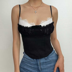 Lace Hem Contrast Patchwork Ruched Corset Button Cami Top