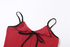 Ribbed Contrast Ruffle Self Tie Backless Cami Top