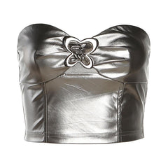 Solid Metallic Sleeveless Zip-Up Hollow Out Buckle Tube Top