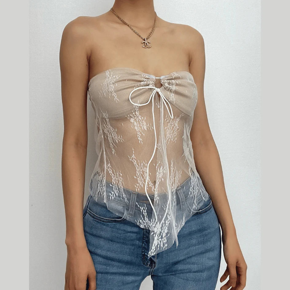 Sweetheart Neck Solid Lace Hem Backless Lace Up Tube Top