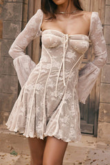 Lace Low Cut Flares Sleeve A-Line Dress