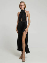 Sleeveless Halterneck Lace-Up Slim Fit Pleated Dress