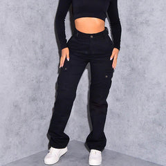 Straight Leg Cargo Pants Women High Waist Casual Baggy Pants Slim Vintage Y2K Streetwear Elastic Wide Leg Trousers Fashion Jeans