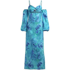 Long Sleeve Contrast Off Shoulder Hollow Out Flower Print Midi Dress
