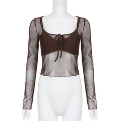 Mesh Long Sleeve Self Tie Ruffle Square Neck Cami 2 Piece Crop Top