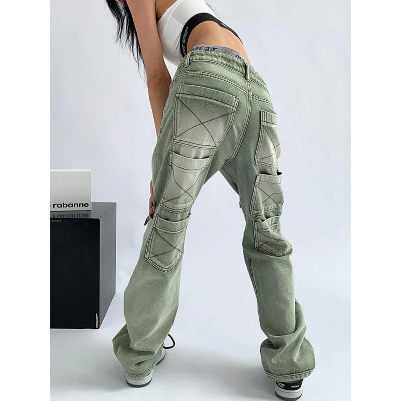 Women'S Green Jeans Vintage Washed Multiple Pockets Wide Leg Pants Casual Street High Waist Baggy Denim Trouser Ladies Summer