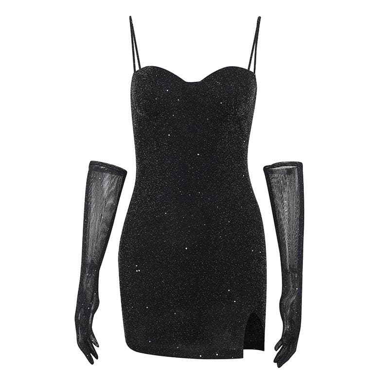 Gloves Solid Beaded Slit Sweetheart Neck Cami Mini Dress