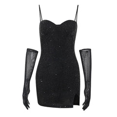Gloves Solid Beaded Slit Sweetheart Neck Cami Mini Dress