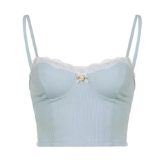 Lace Hem Ribbed Contrast Backless Cami Crop Top