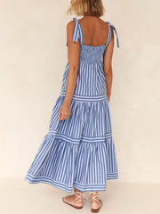 Lace-Up Striped Stylish Square-Neck Midi Dress
