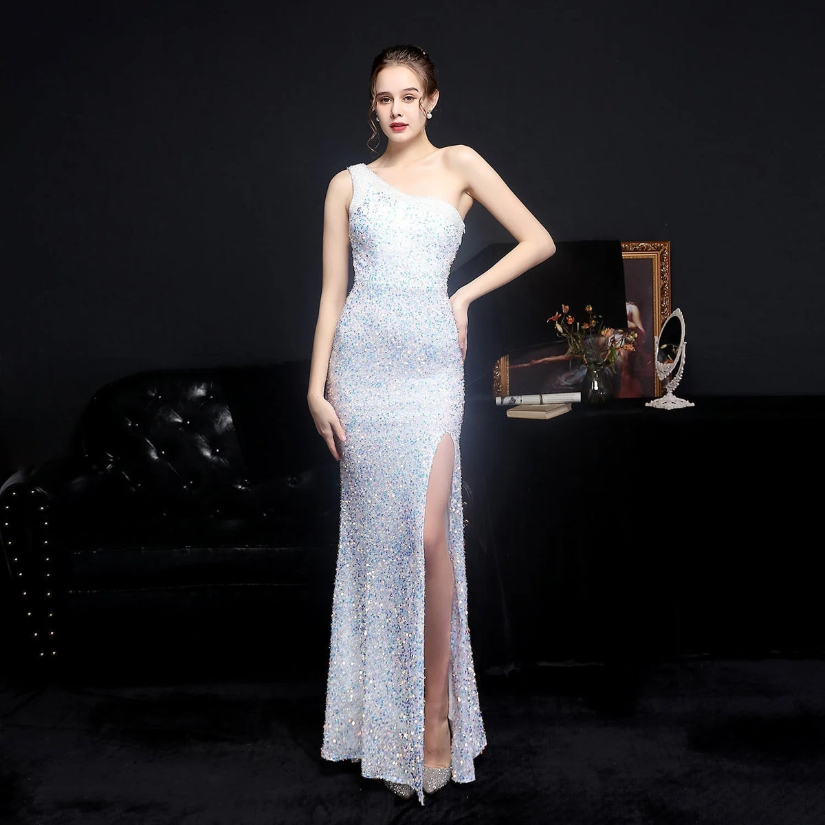 Heary Dazzling Sequined Charming One-Shoulder Asymmetric Dress
