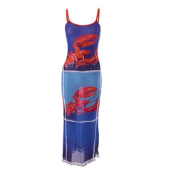 Sheer Mesh Lobster See Through Contrast Print Ruffle Cami Midi Dress