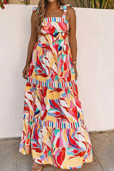 Printed Patchwork Tie-Straps Tiered Dress