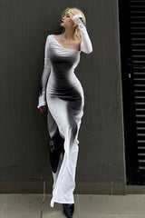 Street Style Printed Long-Sleeved Slit Dress
