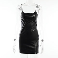 Pu Leather Solid Square Neck Spaghetti Strap Backless Cami Dress