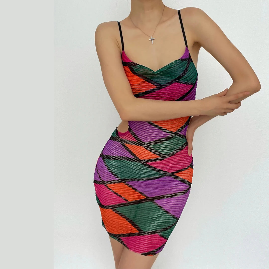 Hollow Out Sheer Mesh See Through Print Contrast Cami Dress